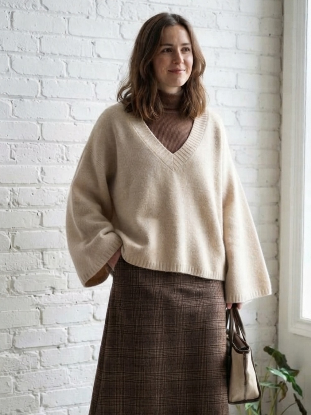 H&M Divided Beige Cream Oversized V-Neck Sweater Wide Sleeves Size Large